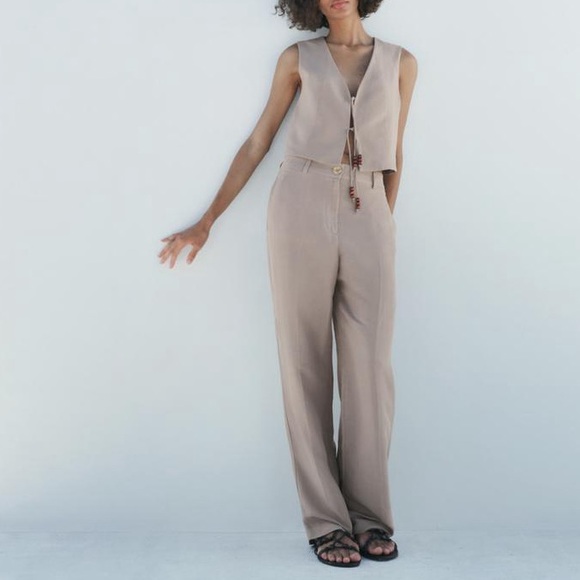 Zara Linen Blend Taupe Trousers - Picture 2 of 6